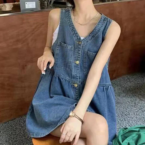 Sleeveless Strap Dress Women Summer Single-Breasted Pockets Denim
