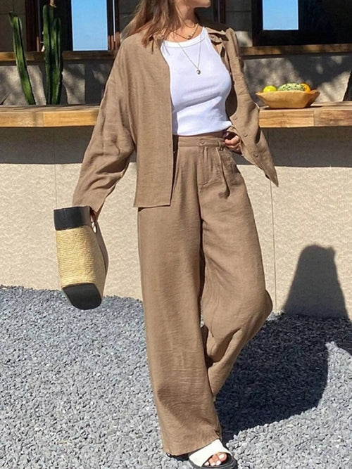 Full Size Relaxed Fit Button Up Shirt and Pants Two-Piece Set Plus