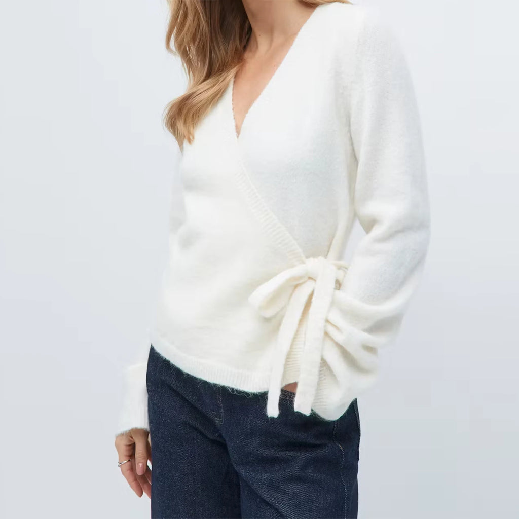 New Fashion Women Tie Front Wrap Cardigan Solid V Neck Long Sleeve Crop Knit Sweater Casual Fall Clothes Hot Sale S M L