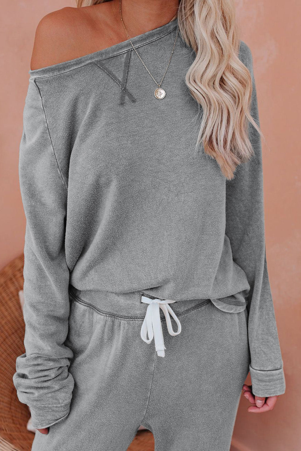 Gray Raglan Sleeve Top And Pants Loungewear Set