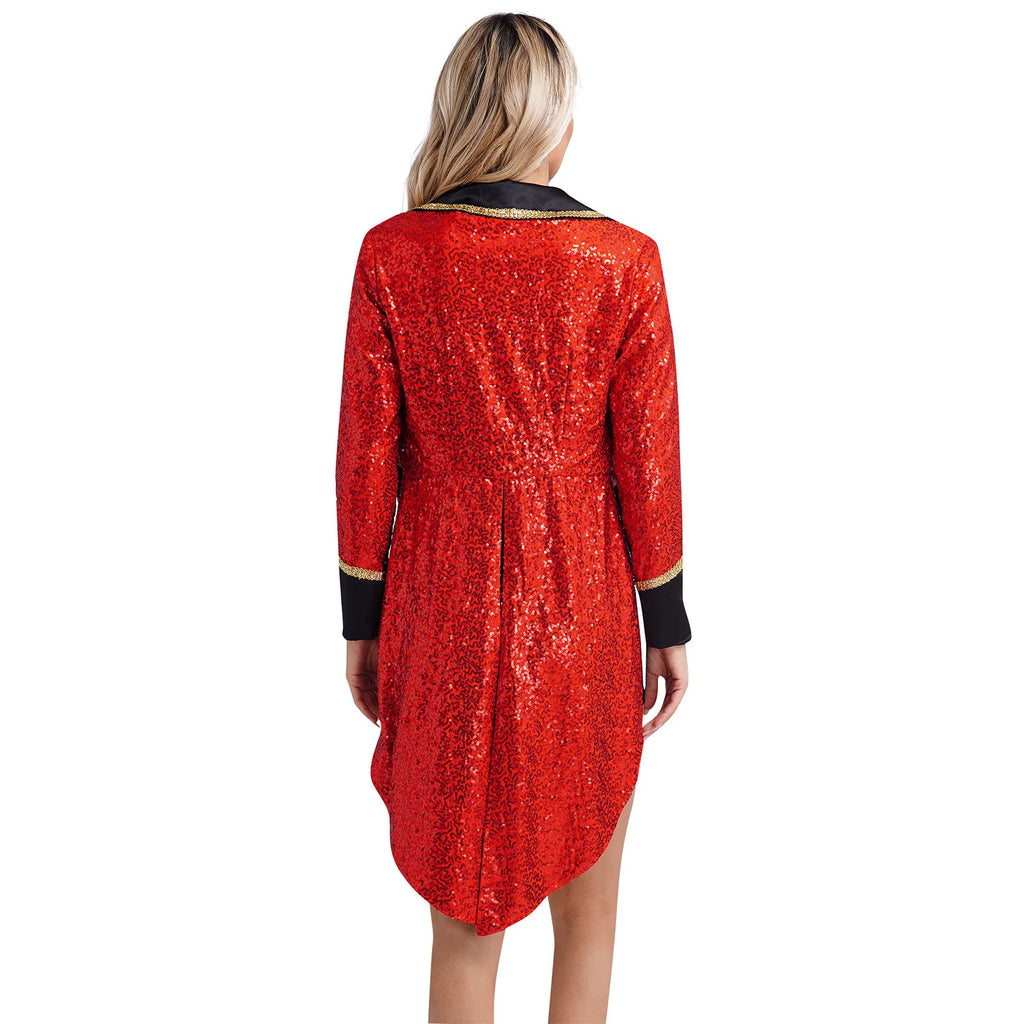 Womens Sequin Circus Ringmaster Jacket Tuxedo Coat Costume Halloween Carnival Magician Tailcoat Showman Blazer Coat Rave Outfits