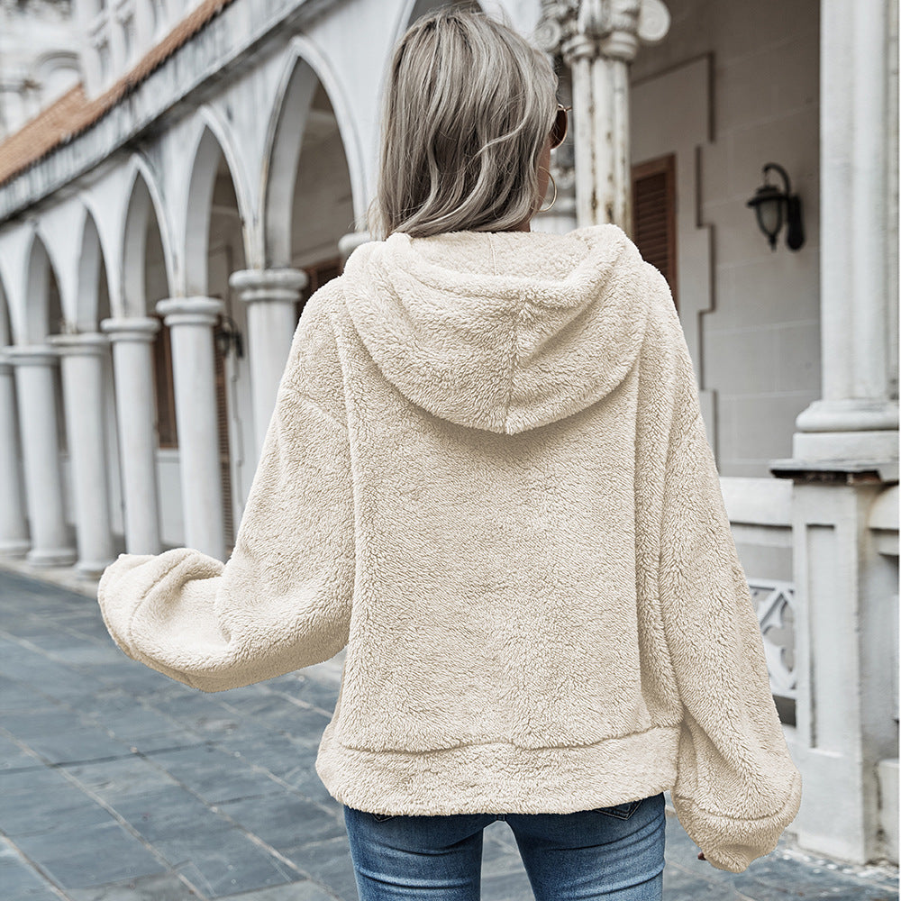 Hooded Solid Color Plush Loose Sweater - Women  Sweater