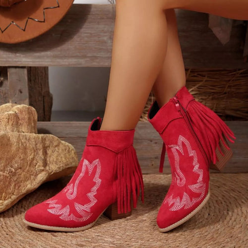 Western Fringe Point Toe : Block Ankle Heel Boots