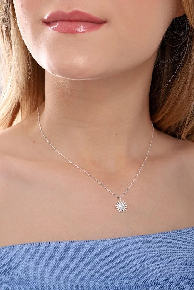 925 Sterling Silver Sun Pendant Necklace with White Zircon Stone