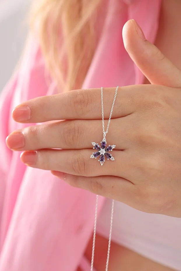 925 Sterling Silver Lotus Camellia with Amethyst Teardrop Stone