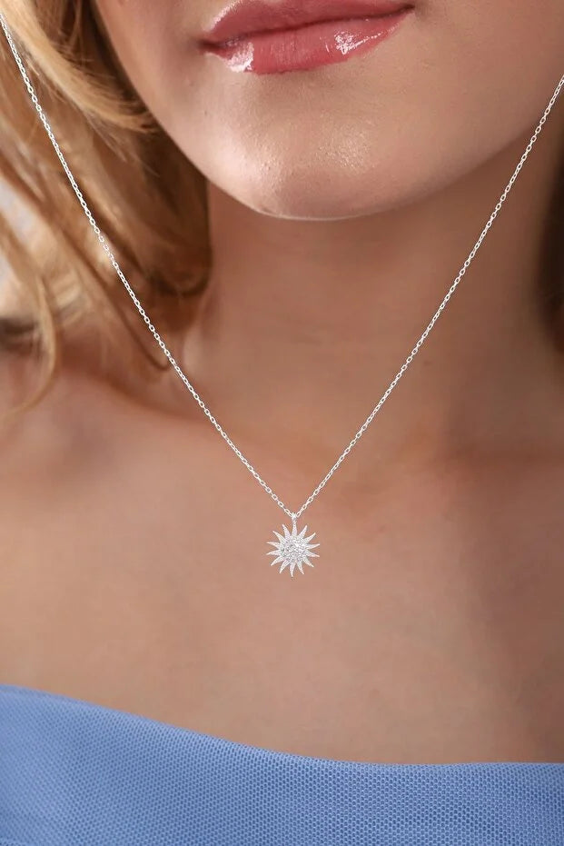 925 Sterling Silver Sun Pendant Necklace with White Zircon Stone