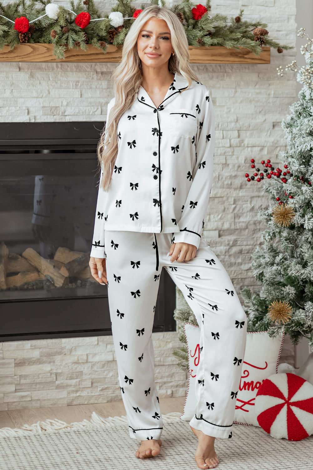 Bow Long Sleeve Top and Pants Pajama Set