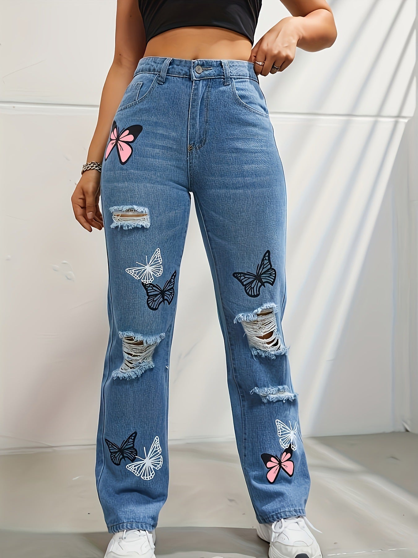 Butterfly Bliss High-Waisted Ripped Jeans – Trendy & Chic!  High