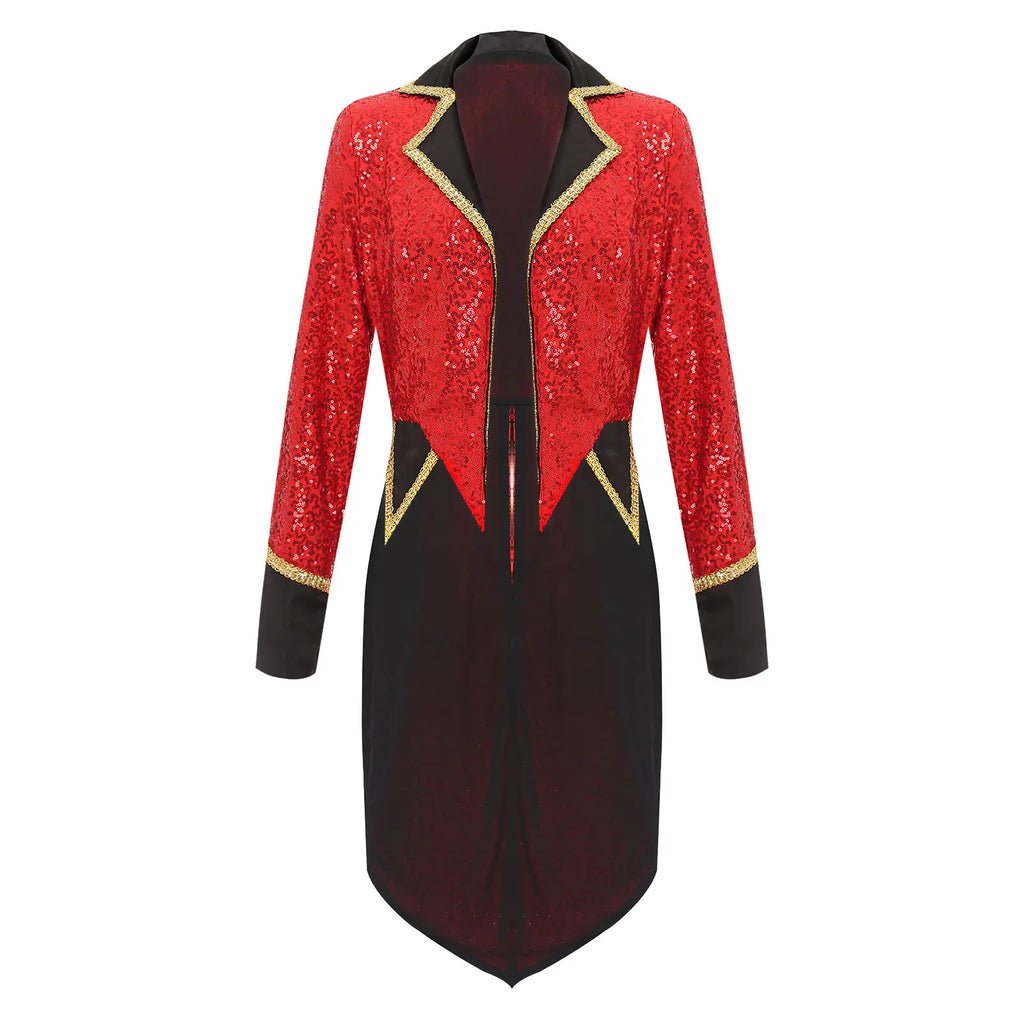 Womens Sequin Circus Ringmaster Jacket Tuxedo Coat Costume Halloween Carnival Magician Tailcoat Showman Blazer Coat Rave Outfits