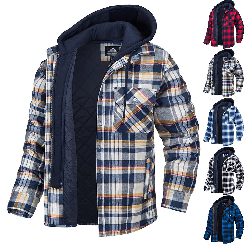 Men's Plaid Hooded Coat Winter Warm Button Zip-up Jacket Fashion