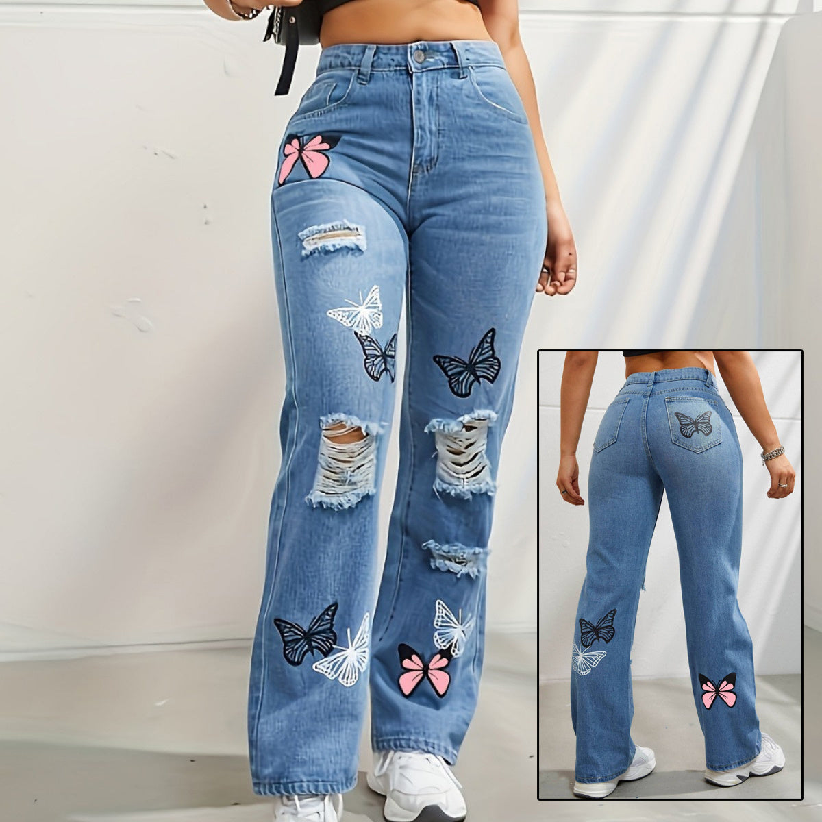 Butterfly Bliss High-Waisted Ripped Jeans – Trendy & Chic!  High