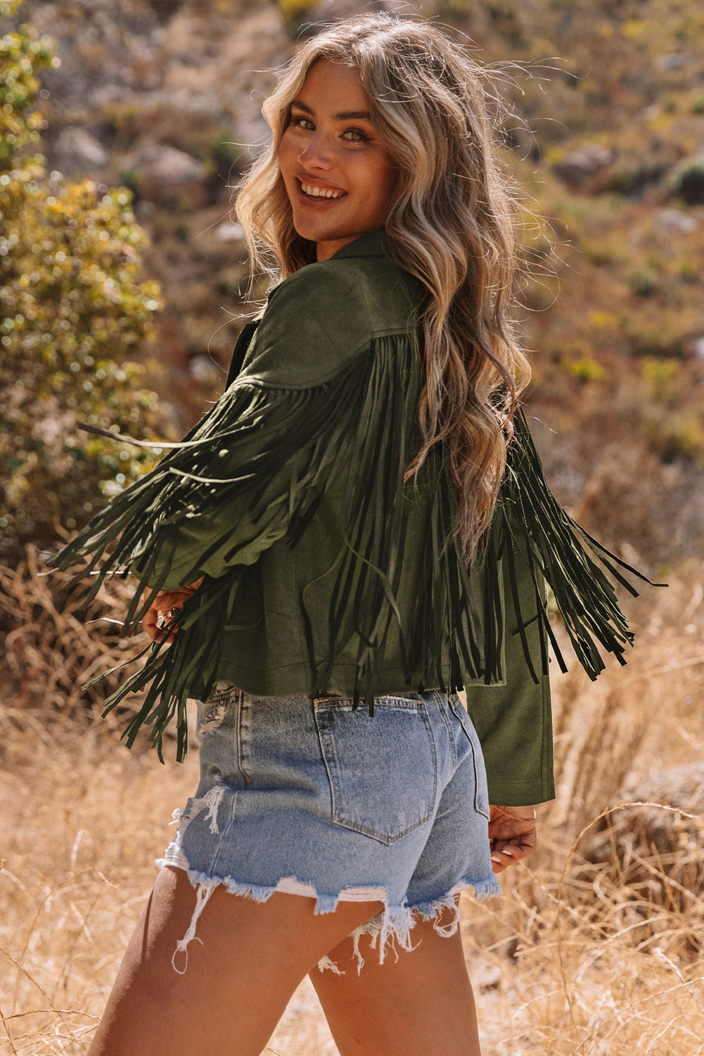 Western Faux Suede Fringe Cropped Jacket