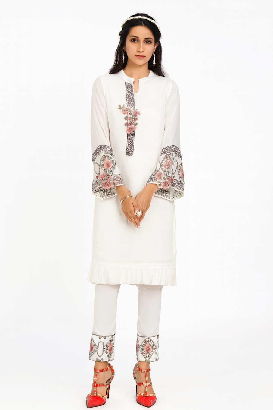 Elegant White Floral Tunic & Trousers Set (Size-XXS)