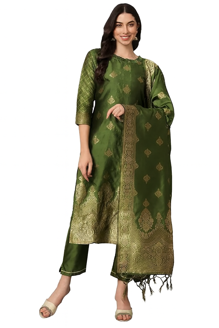 Festive Kurta Set with Dupatta-Mehendi (Size-4XL) | D33