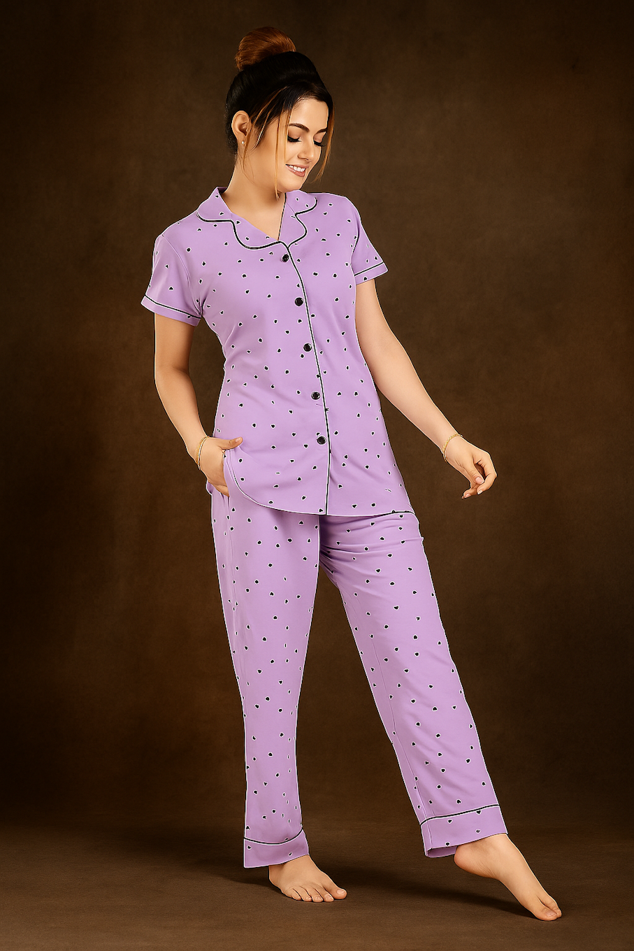 Charming Lavender Polka Dot Pajama Set for Cozy Nights (Size L)